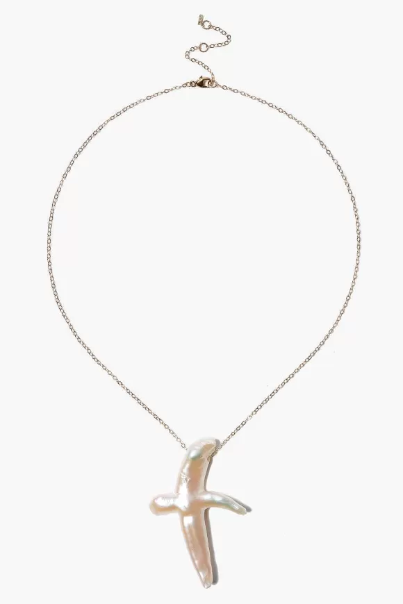 Chan Luu 14K Biwa Pearl Cross Necklace Outlet