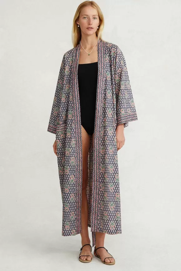 Chan Luu Alice Block Print Floral Robe Blue Mix Clearance