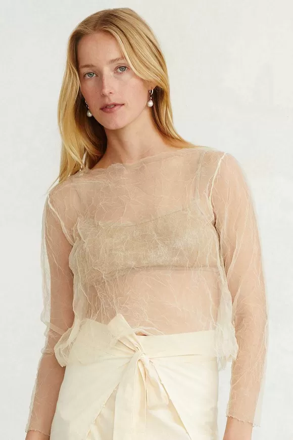 Chan Luu Luca Crinkle Mesh Blouse Cloud Cream New