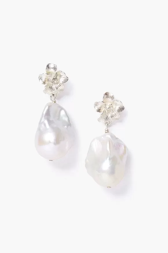 Chan Luu Silver Hibiscus Pearl Drop Earrings Cheap