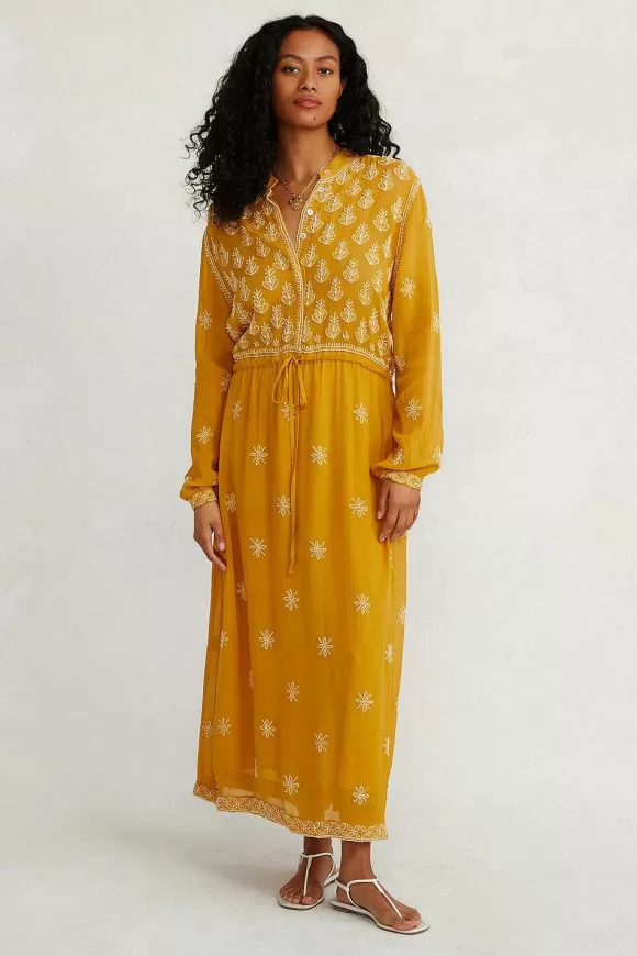 Chan Luu Singh Embroidered Dress Ochre New